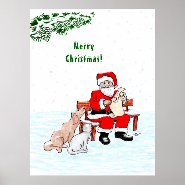 Poster Joyeux Noël! Père Noël avec chat et chien (Devant)