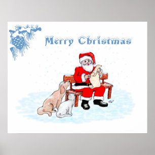 Poster Joyeux Noël - Père Noël avec chat et chien