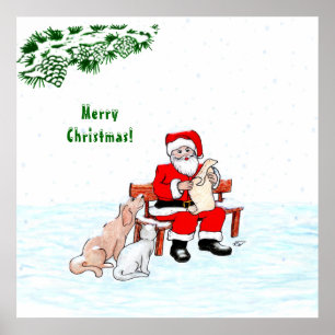 Poster Joyeux Noël! Père Noël avec chat et chien