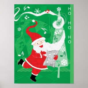 Poster Joyeux Noël, Père Noël chantant et dansant