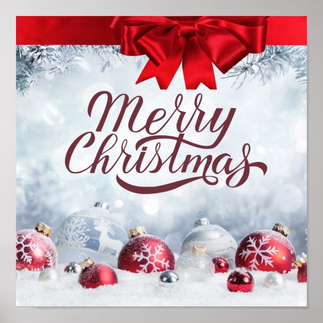 Poster Joyeux Noël Rouge et blanc Flocon de neige (Devant)