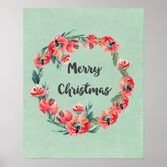 Poster Joyeux Noël Rouge Floral Aquarelle Wreath (Devant)