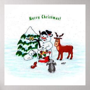 Poster Joyeux Noël ! Snowman avec amis