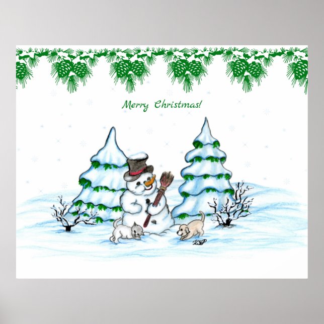 Poster Joyeux Noël ! Snowman avec chat et chiot (Devant)