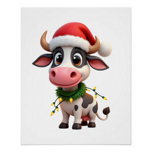 Poster Joyeux Noël Vache Père Noël Lumières de Noël Vache