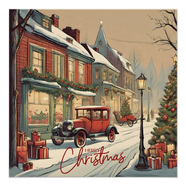 Poster Joyeux Noël Ville Vintage Illustration (Devant)