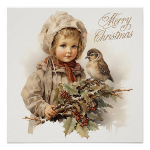 Poster Joyeux Noël Vintage enfant avec oiseau