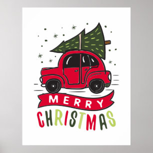 Poster Joyeux Noël Voiture Rouge Arbre Fêtes Xmas 