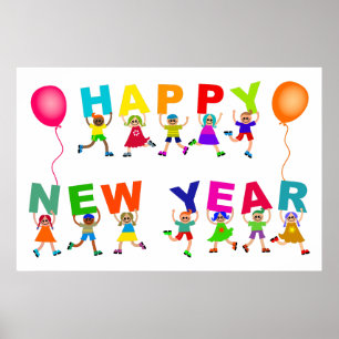 Poster Joyeux Nouvel An Caricature Divers Enfants Texte