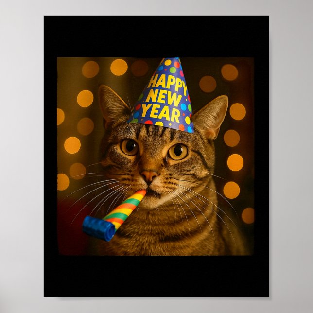 Poster Joyeux Nouvel An Chat Drôle Chapeau de Fête Félin  (Devant)