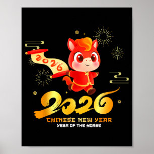 Poster Joyeux Nouvel An Chinois du Cheval Dessin Animé Mi
