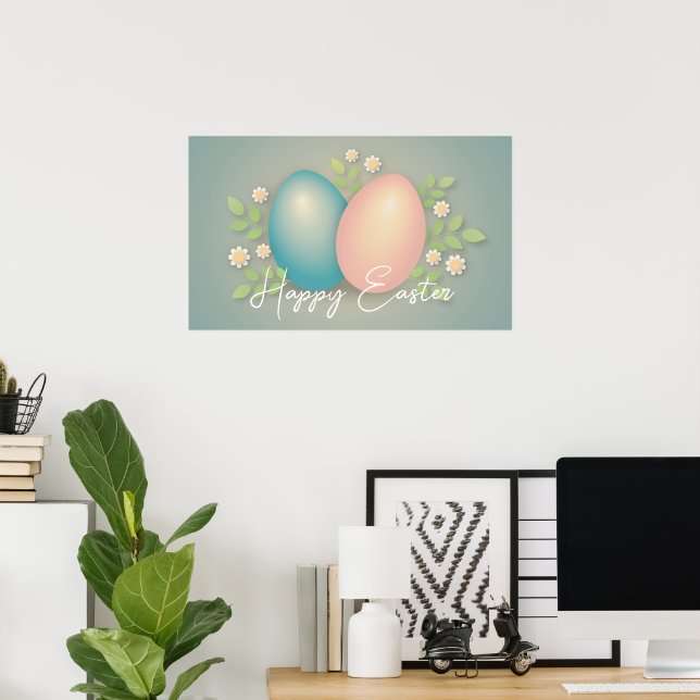 Poster Joyeux oeufs de Pâques et fleurs de printemps bleu (Bureau à domicile)