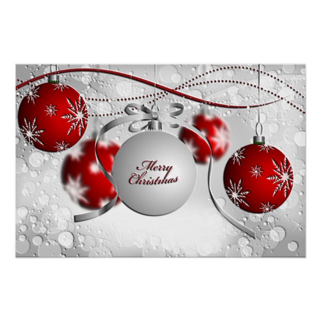 Poster Joyeux ornement de Noël en argent et rouge (Devant)