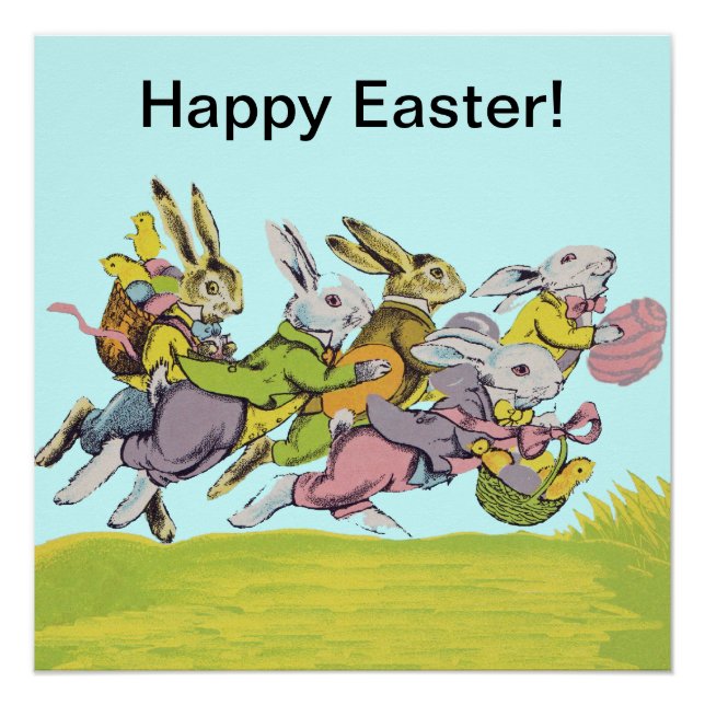 Poster Joyeux Pâques courir les lapins Pastel (Devant)
