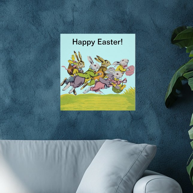 Poster Joyeux Pâques Lapins Pastel en Course (Group Easter Bunnies running in grass with colourful clothing, eggs, baskets blue sky on Wall poster)