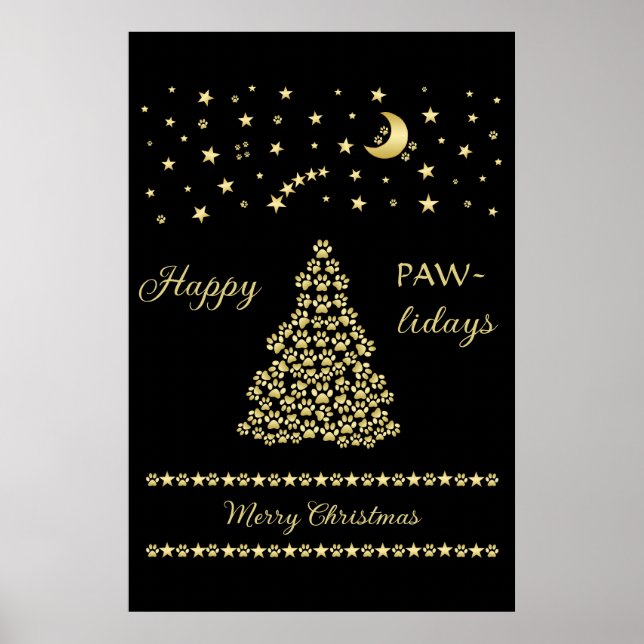 Poster Joyeux Pawlidays, Or brillant Paw sapin de Noël (Devant)