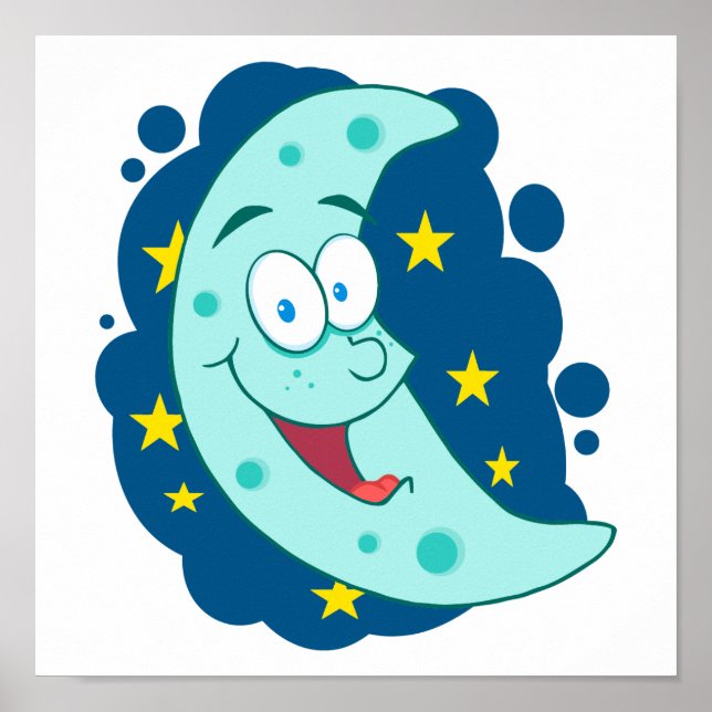 Poster joyeux personnage de dessin animé de la lune bleue (Devant)