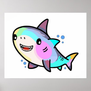 Poster Joyeux petit requin souriant avec des bulles.