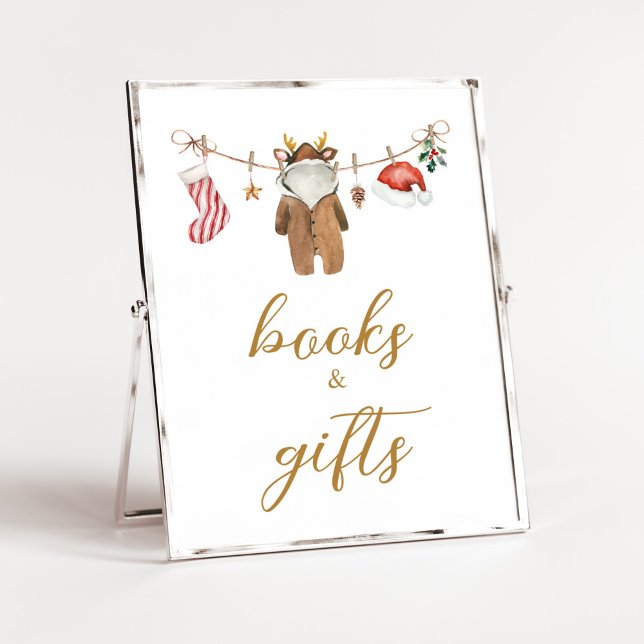 Poster Joyeux petits vêtements de Noël Livres et cadeaux (Merry Little Clothes Baby Shower Books and Gifts Sign)
