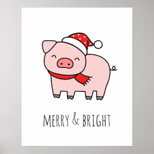 Poster Joyeux porc rose et léger minimaliste de Noël