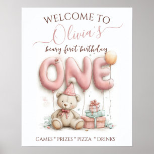 Poster Joyeux premier anniversaire avec ours en peluche 