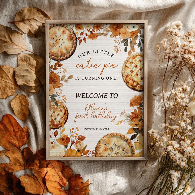 Poster Joyeux Premier Anniversaire Rustique Automnal Mign (Rustic Fall Neutral Cutie Pie First Birthday Poster)