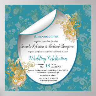 Poster Joyeux rose Abstrait, bleu ciel - Fleurs roses