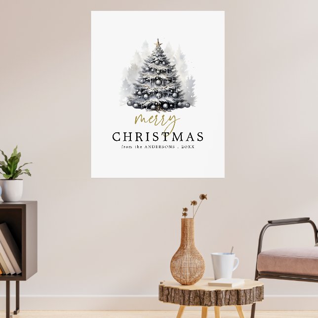 Poster Joyeux sapin de Noël noir & blanc moderne (Salon 3)
