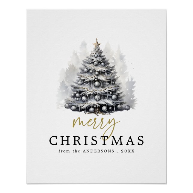 Poster Joyeux sapin de Noël noir & blanc moderne (Devant)