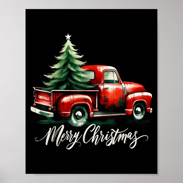 Poster Joyeux sapin de Noël sur Camion Rouge Famille Vint (Devant)