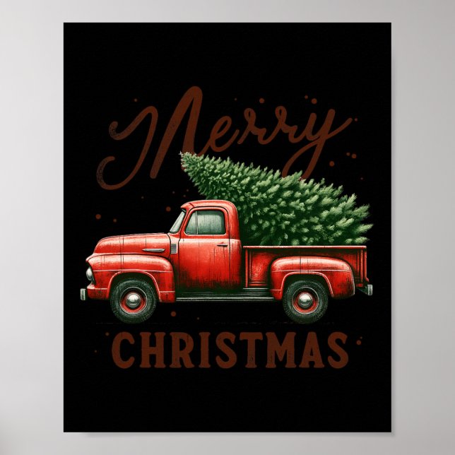 Poster Joyeux sapin de Noël sur le camion rouge Wagon Vin (Devant)