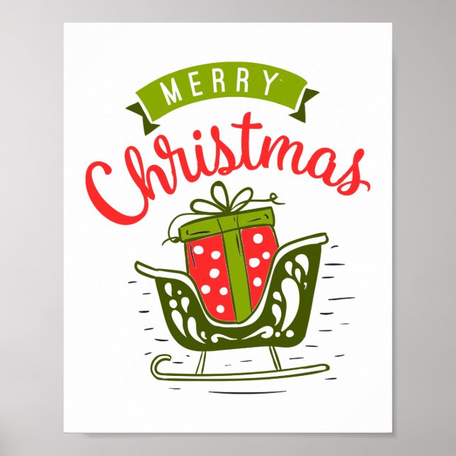 Poster Joyeux Sleigh de Noël Présente Rouge Vert Vacances (Devant)