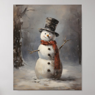 Poster Joyeux Snowman Portant Casquette Et Écharpe Rouge 
