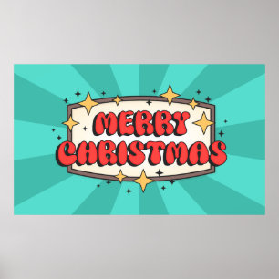 Poster Joyeux texte funky de noël, dessin animé rétro sup