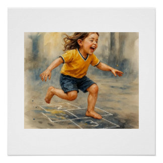 Poster Joyful Child Playing Hopscotch, 