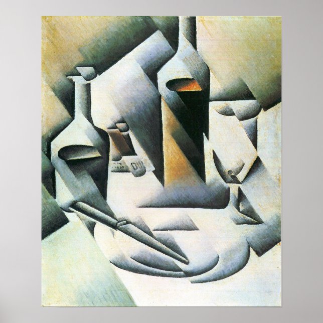 Poster Juan Gris - Vie morte avec bouteilles et couteaux (Devant)