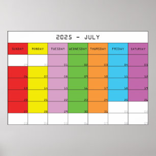 Poster Juillet 2025 couleurs jours calendrier plancer