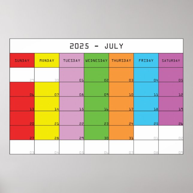 Poster Juillet 2025 couleurs jours calendrier plancer (Devant)