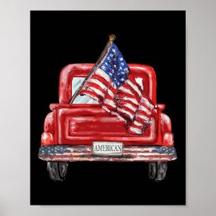 Poster Juillet Camion Rouge Drapeau Américain Jour de l'I
