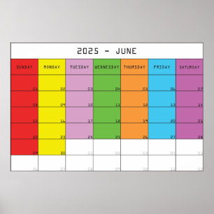 Poster Juin 2025 jours de couleur calendrier planificateu