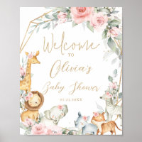 Jungle Animaux Fleurs Roses Bienvenue Baby Shower