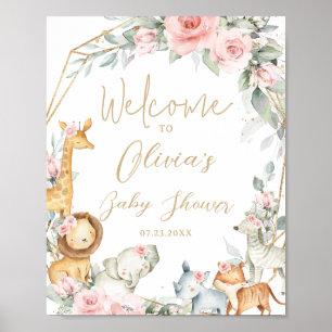 Poster Jungle Animaux Fleurs Roses Bienvenue Baby Shower