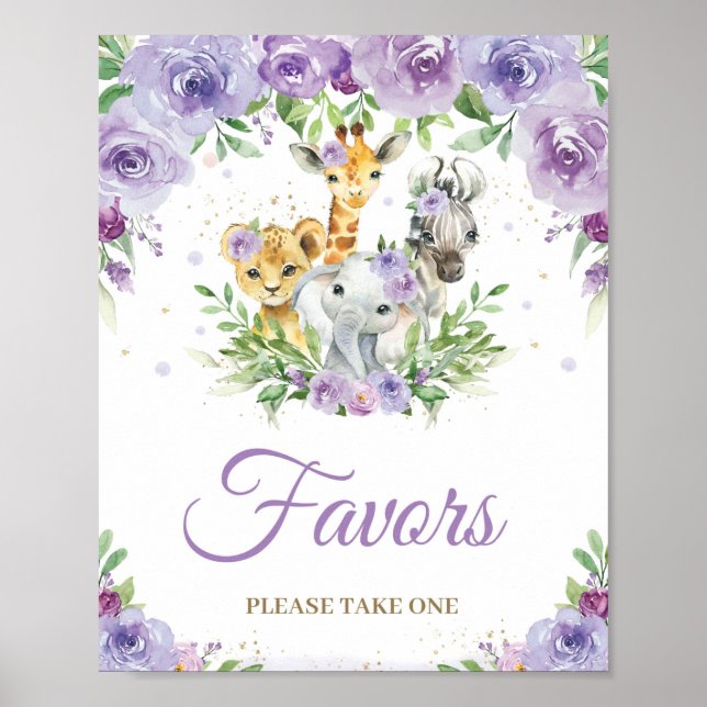 Poster Jungle Animaux Purple Floral Baby shower Favoriser (Devant)