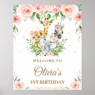 Poster Jungle Animaux Safari Blush Rose Floral Bienvenue