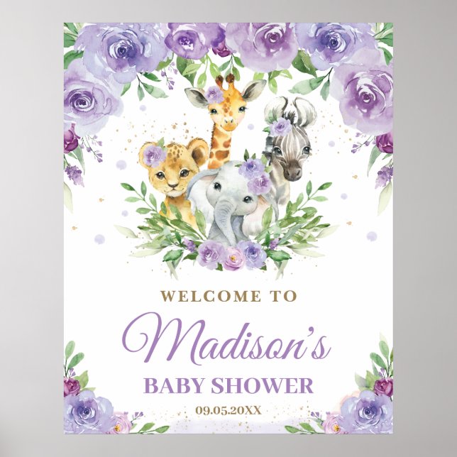 Poster Jungle Animaux Safari Purple Floral Baby Welcome (Devant)
