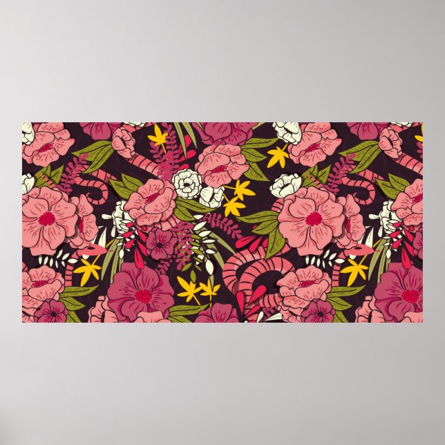 Poster jungle florale avec serpents motif, fleur tropical (Devant)