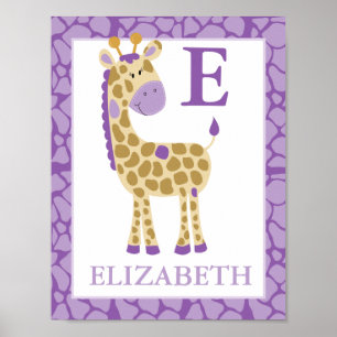 POSTER JUNGLE GIRAFFE PURPLE FILLE NOM PERSONNALISÉ IMPRI