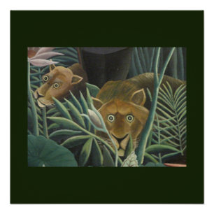 Poster Jungle Lions Folk Art de Rousseau
