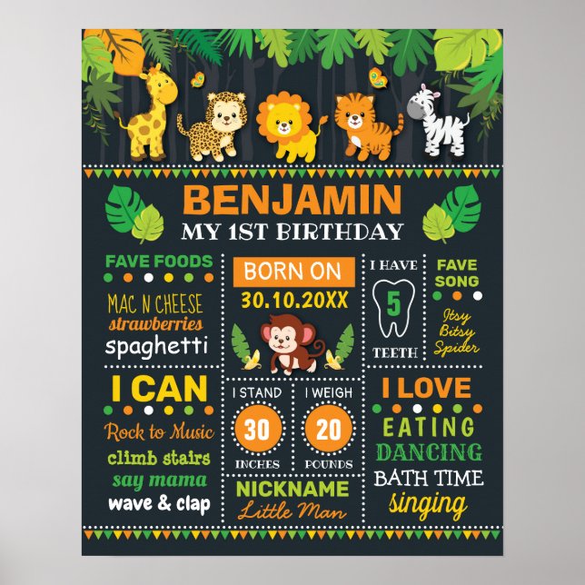 Poster Jungle Safari Boy Stats de naissance Anniversaire  (Devant)