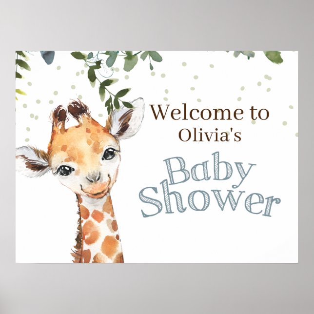 Poster Jungle Safari Giraffe Baby shower bleu Bienvenue (Devant)